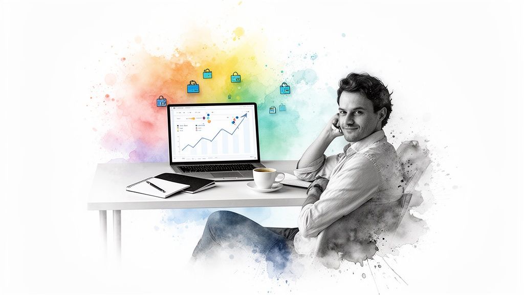 Un jeune homme souriant travaille sur son ordinateur portable affichant des données de croissance, sur fond coloré.