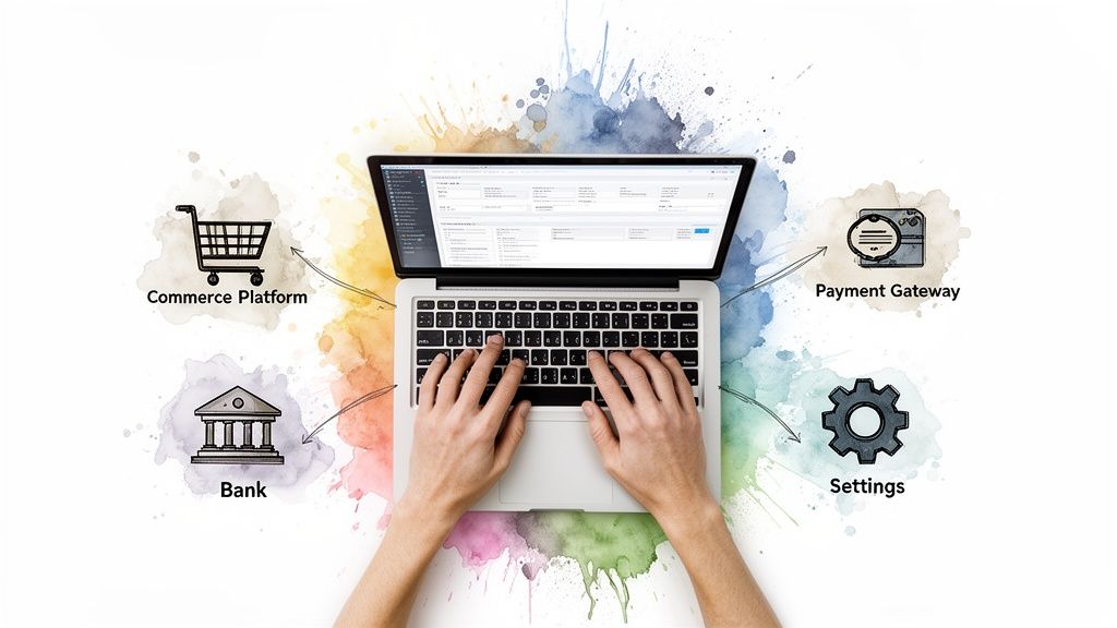 Mains utilisant un ordinateur portable, avec des icônes de plateforme e-commerce, paiement, banque et paramètres.