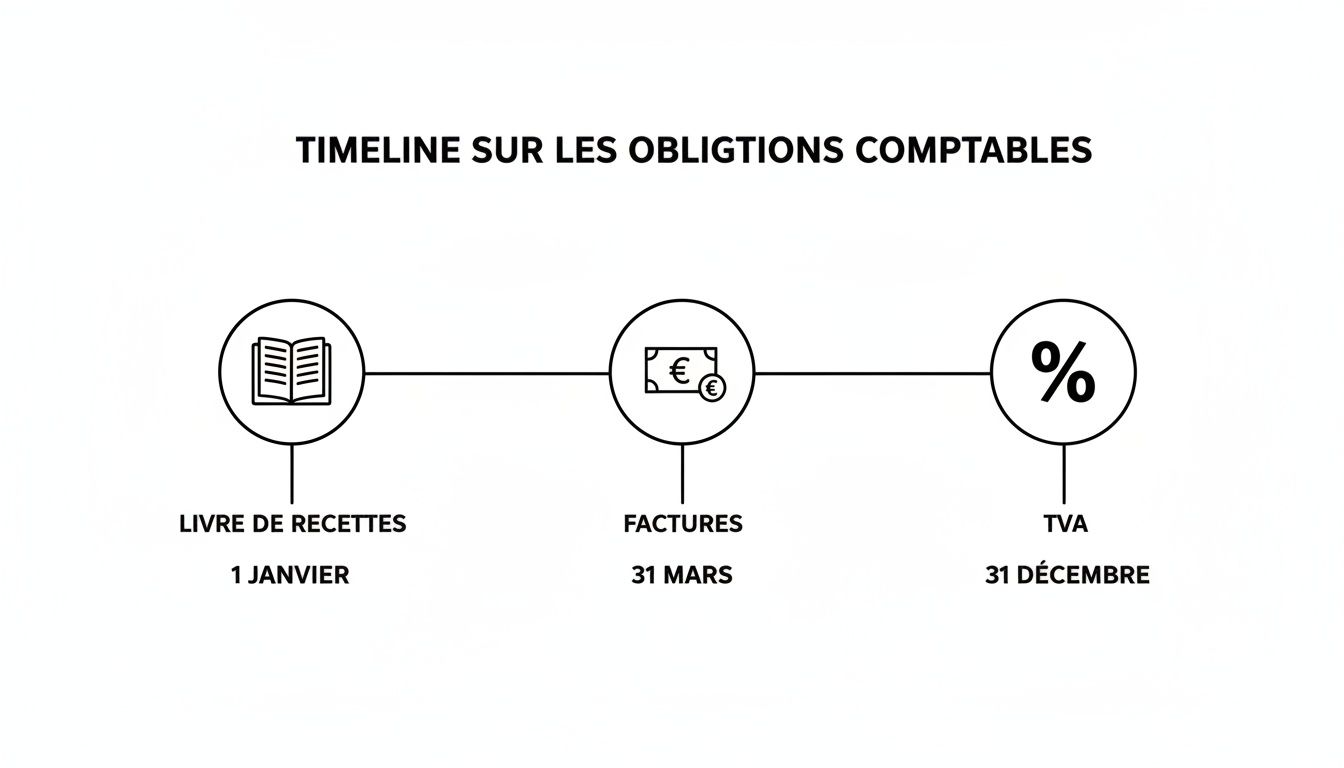 Timeline visuelle des obligations comptables pour auto-entrepreneurs, détaillant le livre de recettes, factures et TVA avec leurs dates clés.