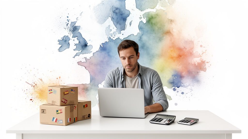 Un homme travaille sur un ordinateur portable, avec des colis internationaux et des calculatrices sur un bureau, sur fond de carte d'Europe aquarelle.