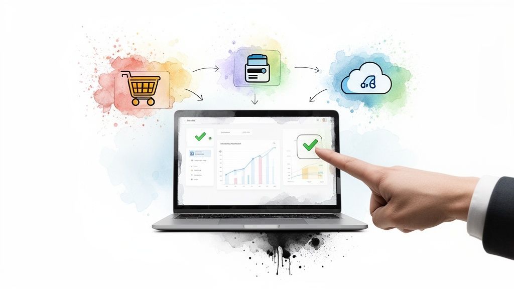 Tableau de bord sur ordinateur portable avec icônes de commerce, facturation et cloud, représentant un processus d'entreprise numérisé.