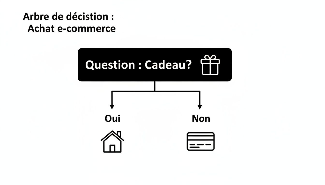 Arbre de décision pour un achat e-commerce, posant la question du cadeau pour déterminer l'adresse de livraison.