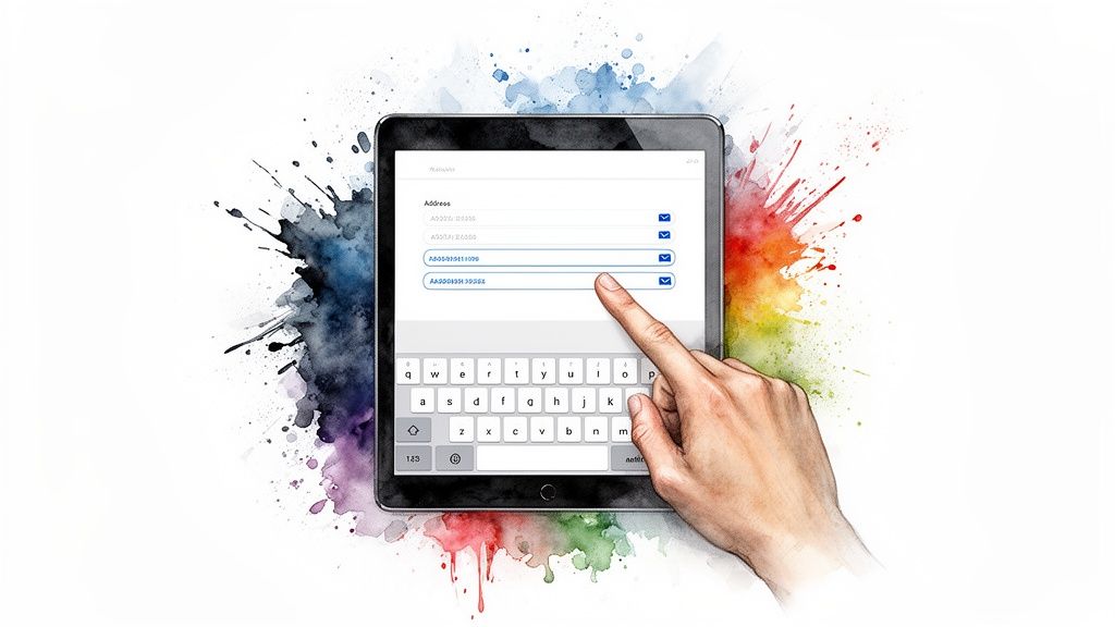 Une main tape sur une tablette affichant des adresses et un clavier virtuel, sur fond aquarelle coloré.