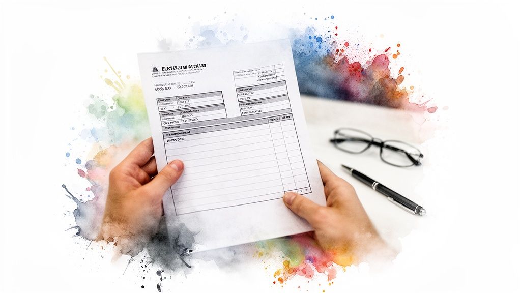 Mains tenant un document d'adresse de facturation sur un fond abstrait coloré avec des lunettes et un stylo.