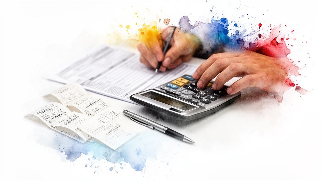 Mains calculant des chiffres avec une calculatrice et un stylo sur des documents et des reçus, avec des éclaboussures d'aquarelle colorées.