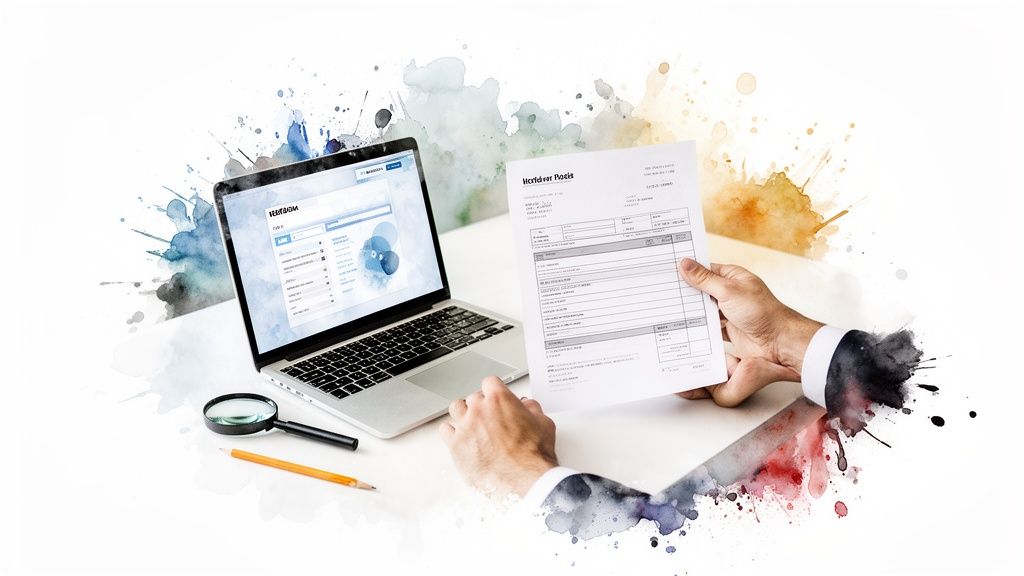 Main tenant un document et travaillant sur un ordinateur portable avec loupe et crayon, fond aquarelle.