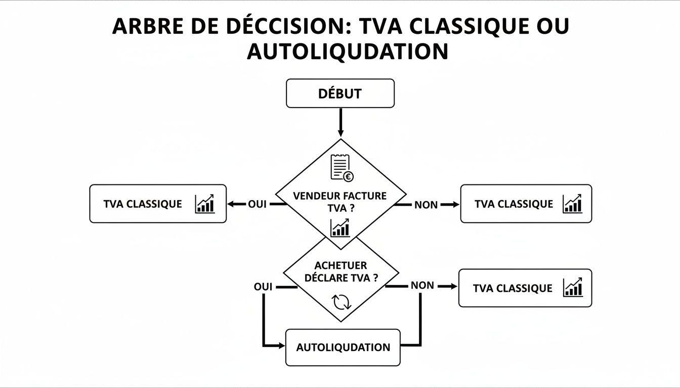 Organigramme de décision détaillant les étapes pour choisir entre la TVA classique et l'autoliquidation.