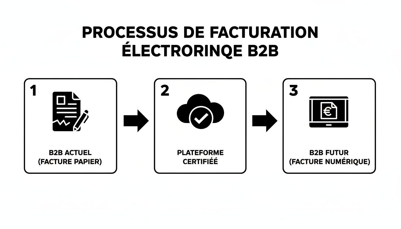 Diagramme montrant le processus de facturation électronique B2B : de la facture papier à la facture numérique via une plateforme certifiée.