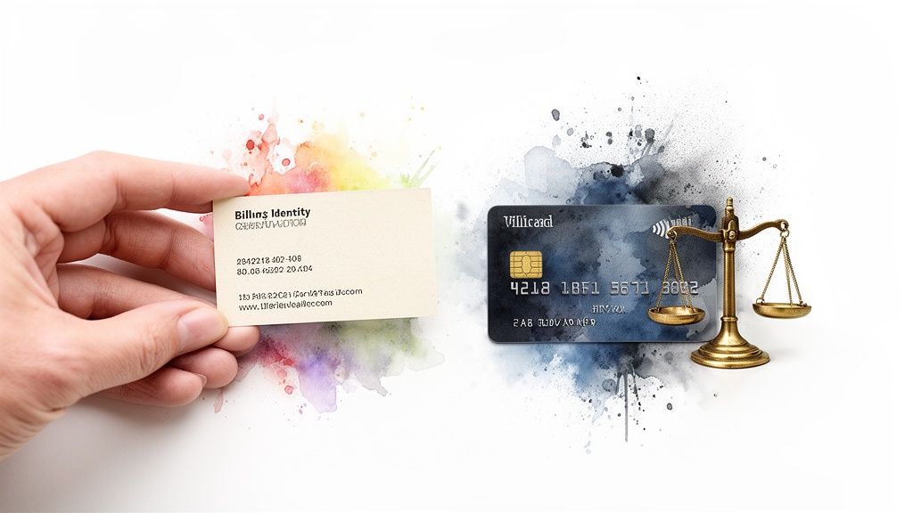 Une main présentant une carte de visite face à une carte de crédit et une balance, avec des éclaboussures d'aquarelle colorées.