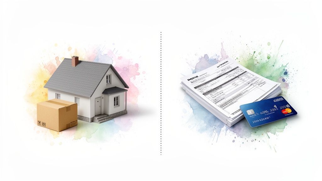 Maison et carton d'expédition à gauche, factures et carte de crédit à droite, illustrant adresse de livraison et de facturation.