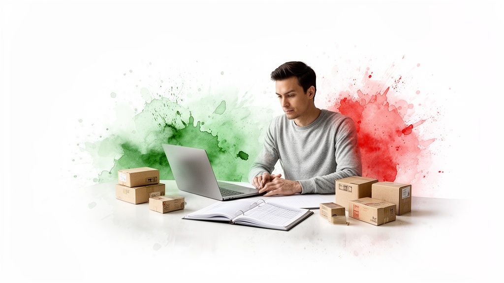 Un homme gère des colis et un ordinateur portable, entouré de boîtes en carton, sur fond de taches vertes et rouges.