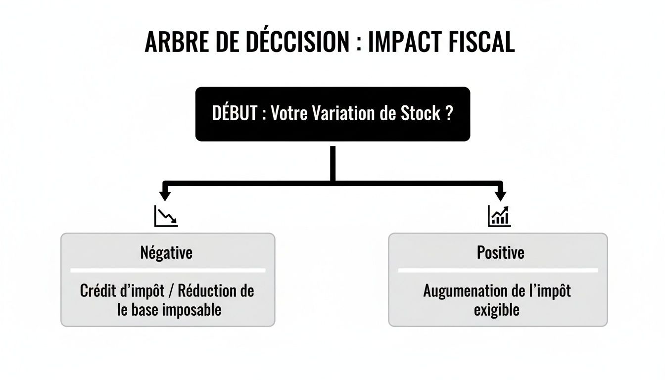 Arbre de décision expliquant l'impact fiscal d'une variation de stock, qu'elle soit négative ou positive.