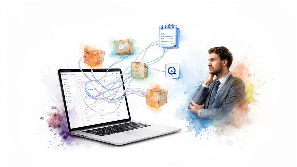 Un homme d'affaires pensif regarde les flux de données entre un ordinateur portable, des boîtes et des icônes de gestion de stock.