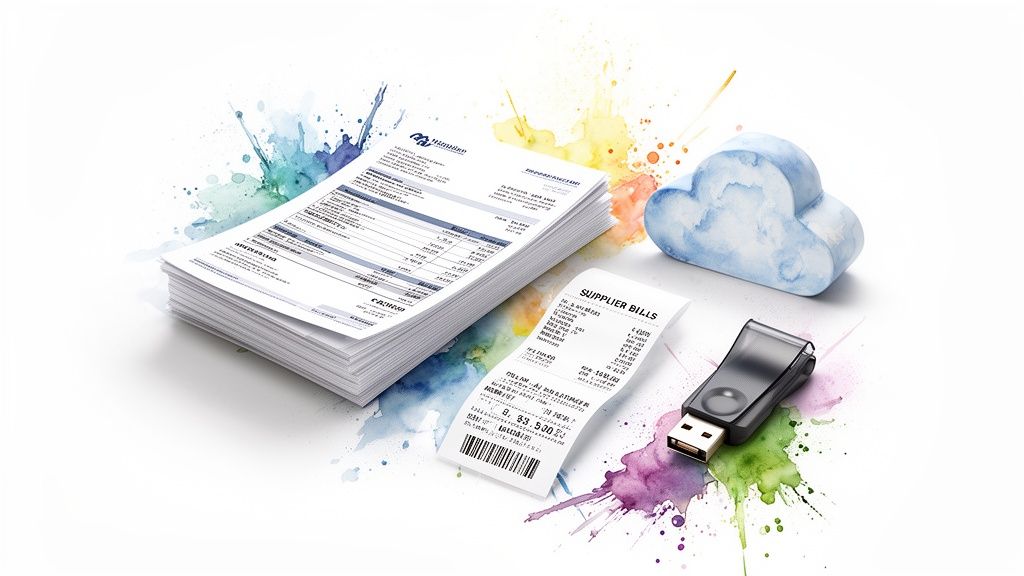 Image conceptuelle de documents comptables, d'un nuage et d'une clé USB pour la gestion numérique.