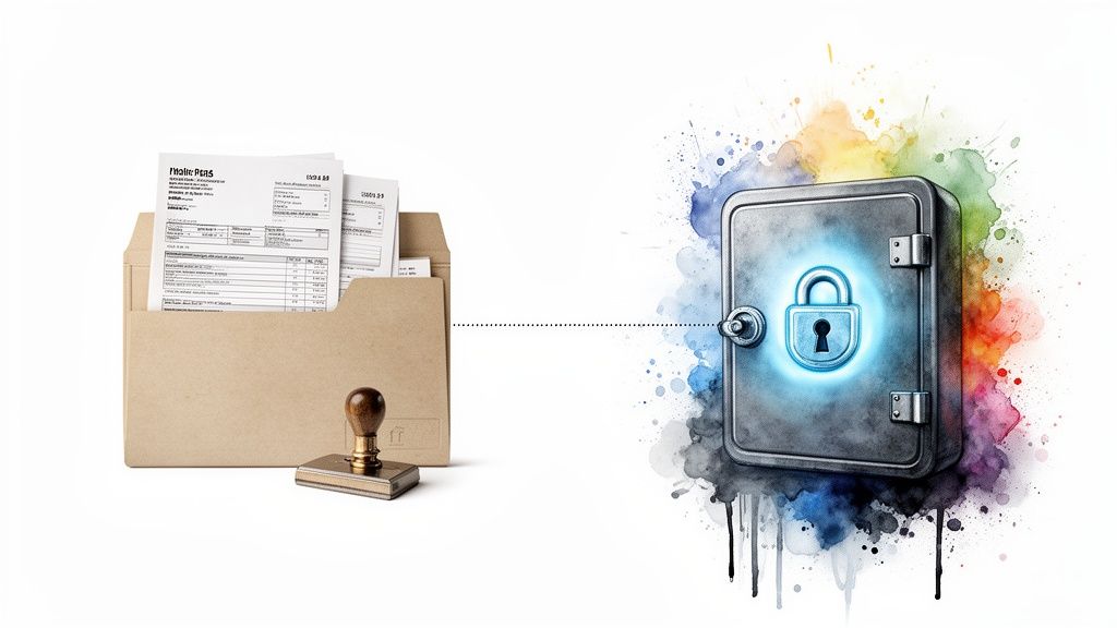 Enveloppe avec documents, tampon et coffre-fort sécurisé par un cadenas lumineux, symbolisant la conservation sécurisée des documents.