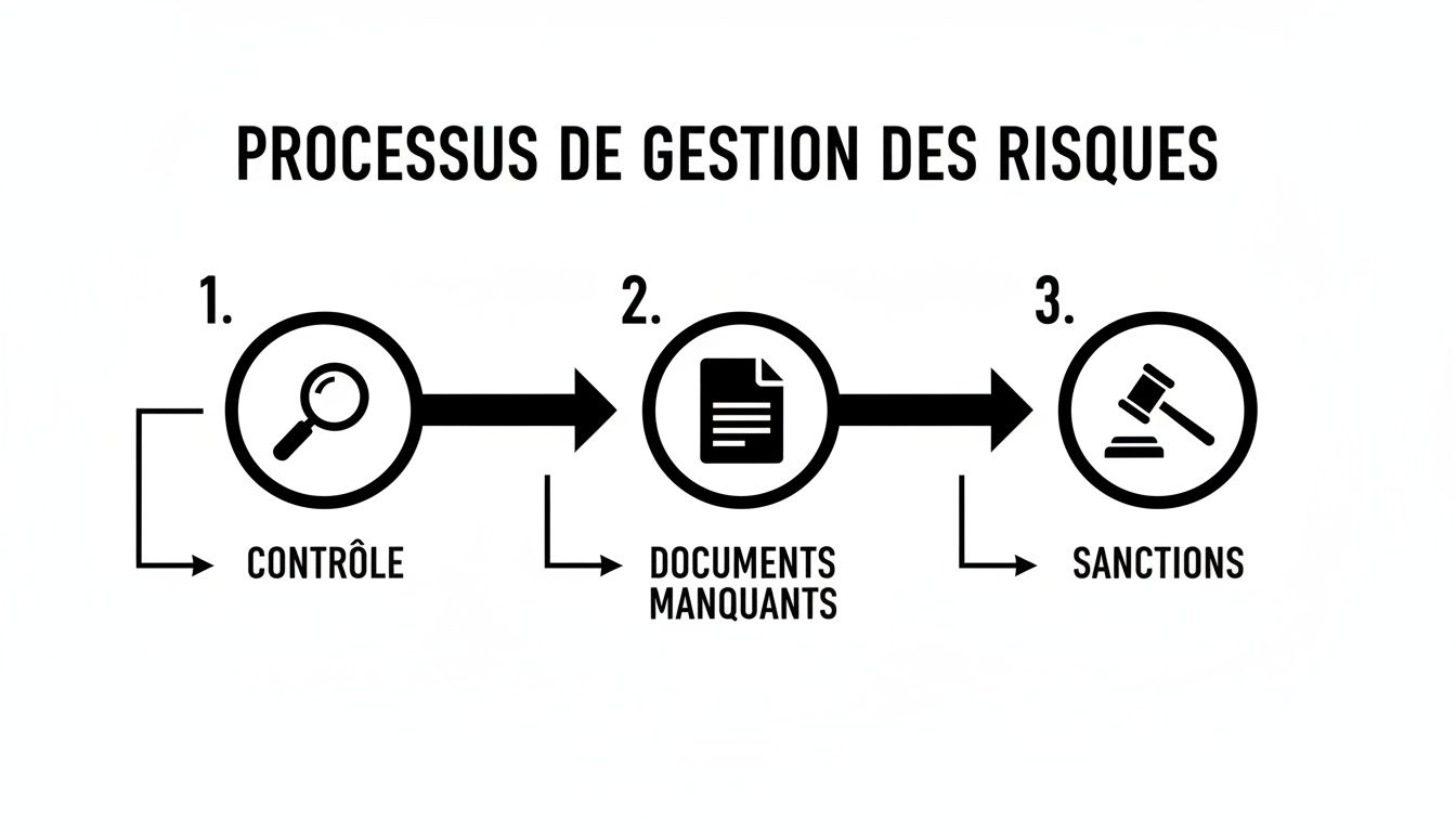 Diagramme illustrant le processus de gestion des risques : contrôle, documents manquants et sanctions associées.