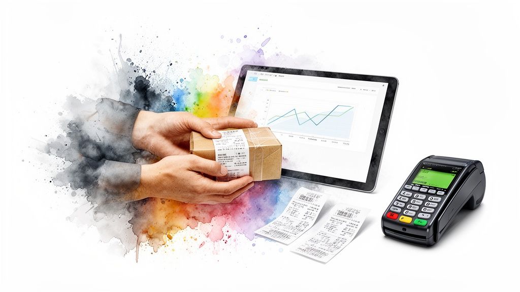 Mains tenant un colis, tablette avec graphique de données, reçus et terminal de paiement, symbolisant la logistique et la gestion financière.