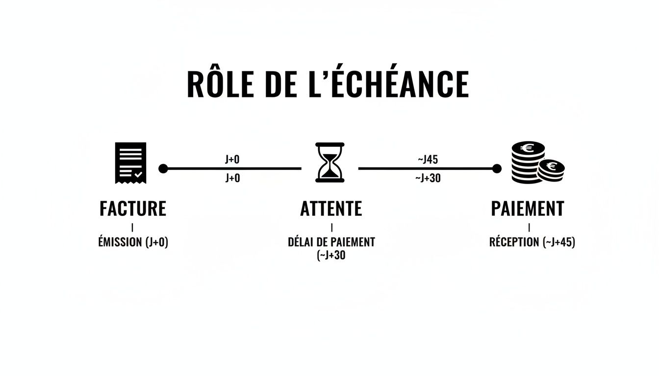 Infographie illustrant le processus d'une facture, du délai d'émission au paiement, mettant en évidence le rôle de l'échéance.