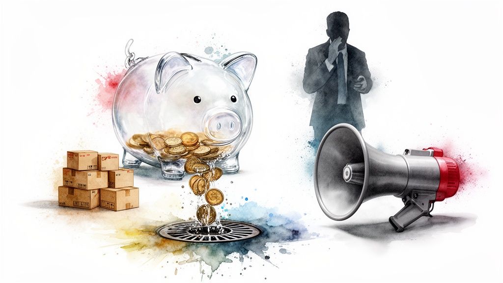 Une tirelire transparente se vide dans un drain, des boîtes et un homme d'affaires avec un mégaphone.