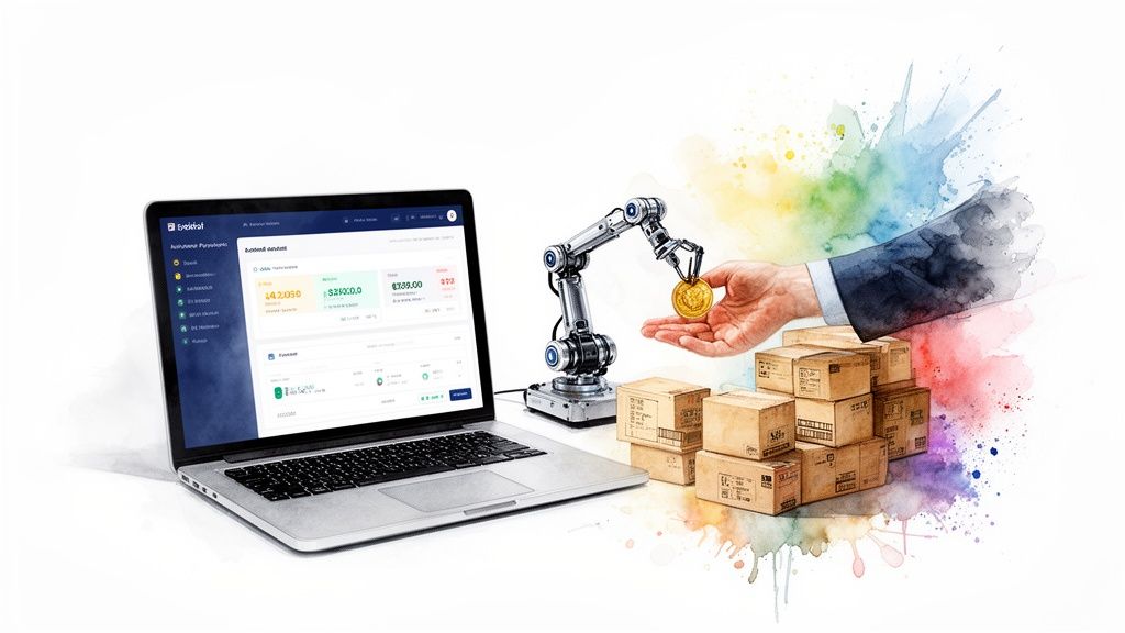 Ordinateur portable, bras robotique déposant une pièce dans une main, piles de colis, fond aquarelle coloré.