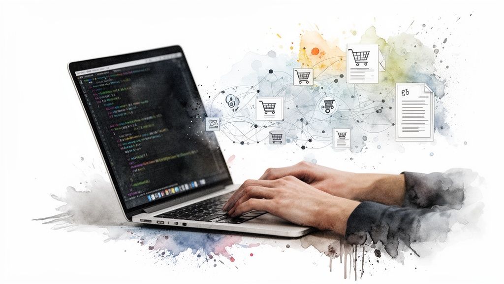 Personne codant sur un ordinateur portable, avec des icônes de panier d'achat et des documents flottant, illustrant la dématérialisation.