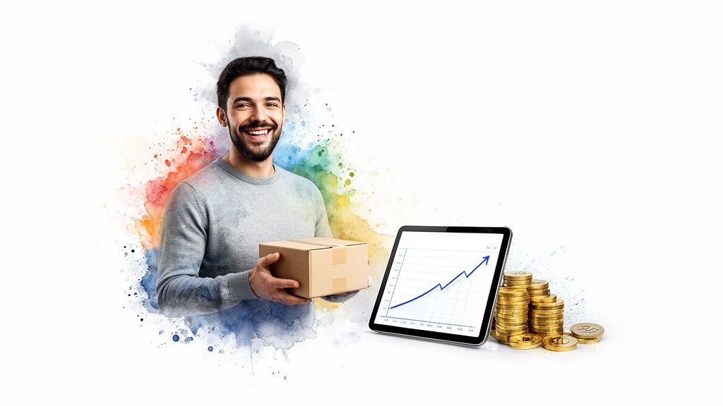 Homme souriant avec un colis, une tablette affichant un graphique de croissance et des piles de pièces d'or.
