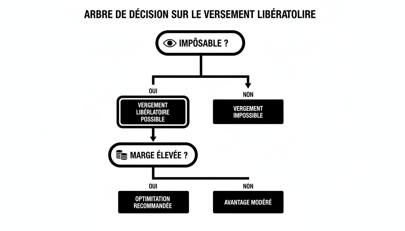 Arbre de décision sur le versement libératoire, guidant l'optimisation fiscale selon l'imposition et la marge.