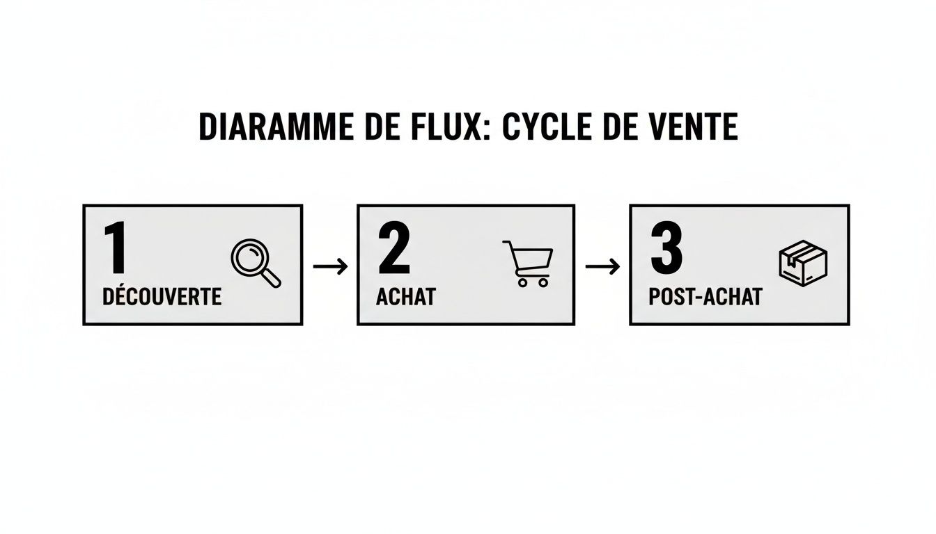 Diagramme de flux en trois étapes représentant le cycle de vente : découverte, achat et post-achat, avec icônes illustratives.
