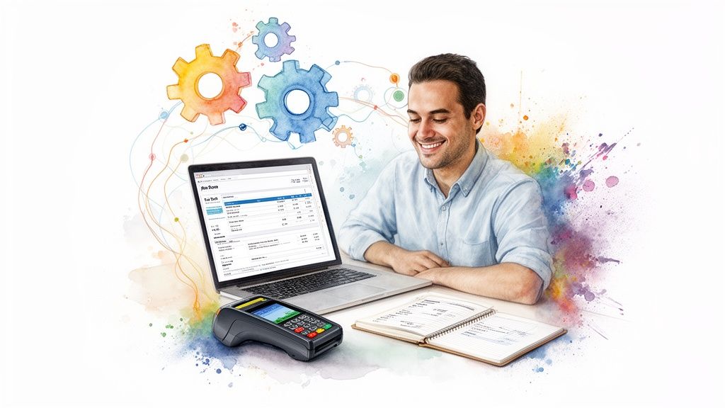 Un homme souriant travaille sur un ordinateur portable affichant des données, un terminal de paiement et des engrenages colorés en arrière-plan.