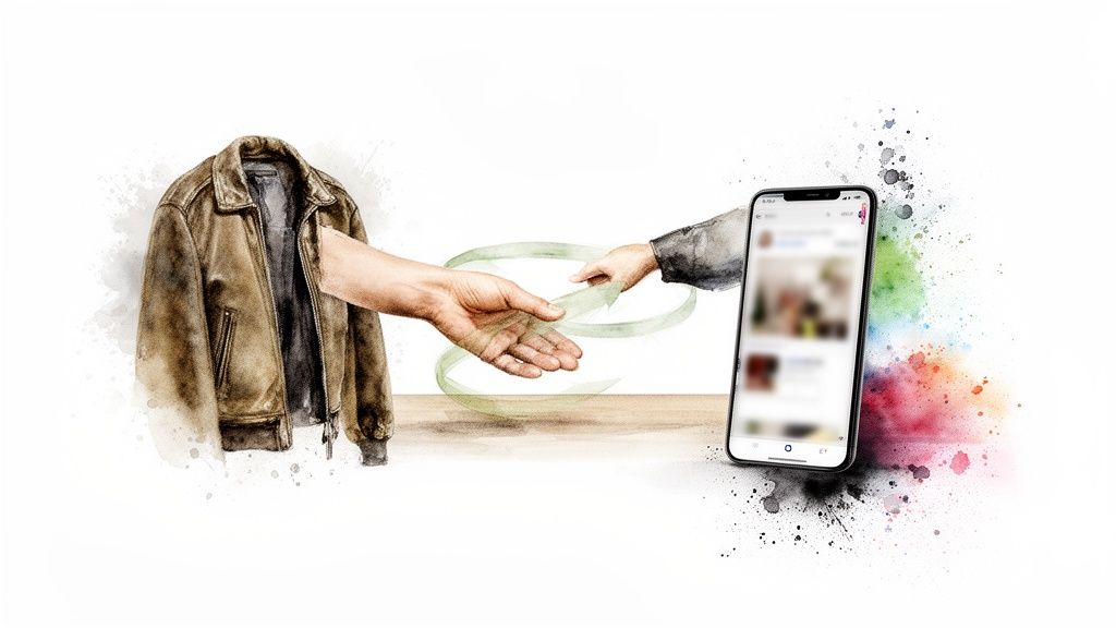 Illustration d'une veste en cuir, mains échangeant un article via un smartphone, symbolisant le cycle de vente numérique.