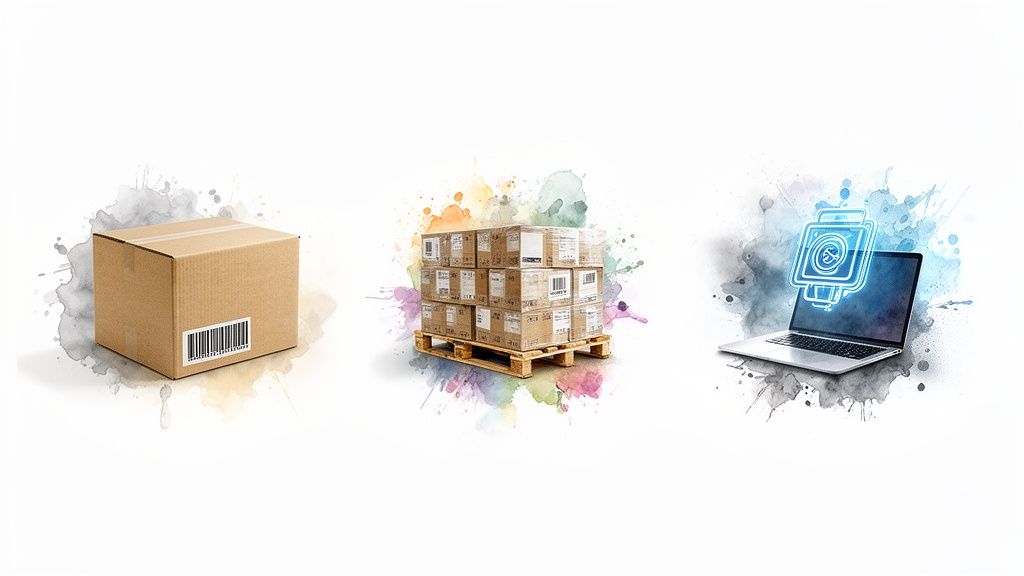 Boîte d'expédition en carton, palette de colis empilés et ordinateur portable avec icône numérique de gestion des stocks.