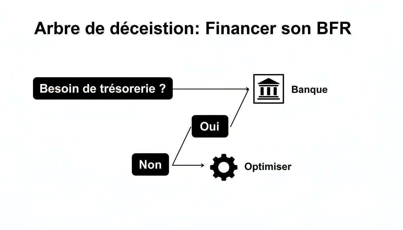 Arbre de décision pour financer le BFR: si besoin de trésorerie, la banque est une option; sinon, optimiser.