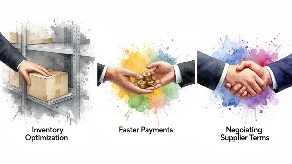 Trois vignettes illustrant l'optimisation des stocks, les paiements rapides et la négociation des termes fournisseurs.