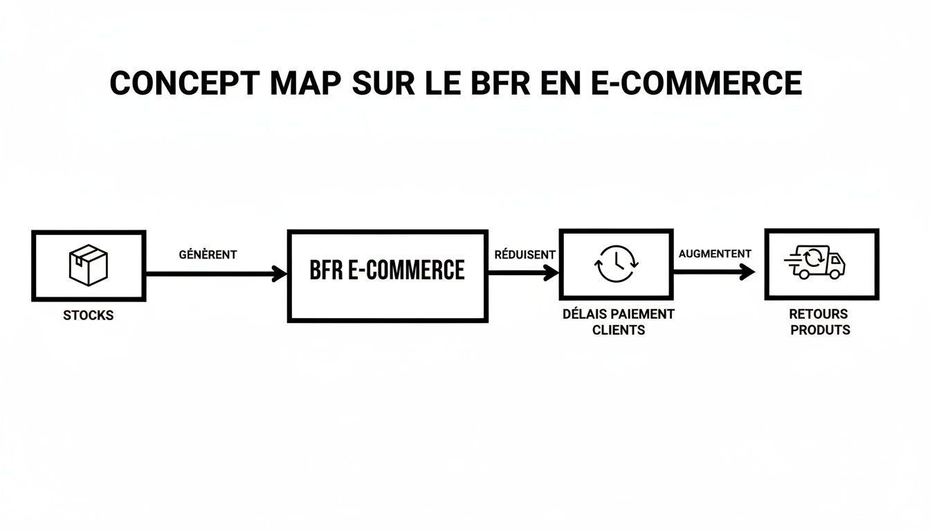 Carte conceptuelle illustrant la relation entre les stocks, le BFR, les délais de paiement clients et les retours produits en e-commerce.
