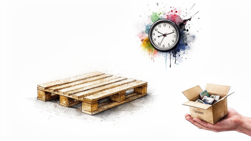 Palette en bois, horloge colorée et main tenant une boîte de colis, symbolisant la logistique et le temps de livraison.