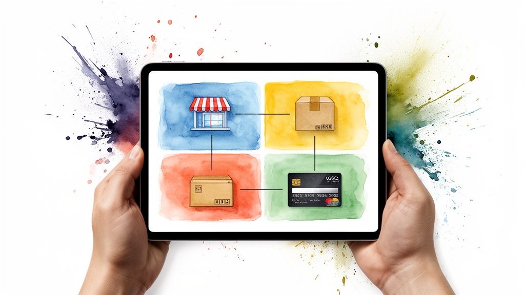 Mains tenant une tablette affichant un processus d'achat en ligne avec boutique, colis et carte de crédit.