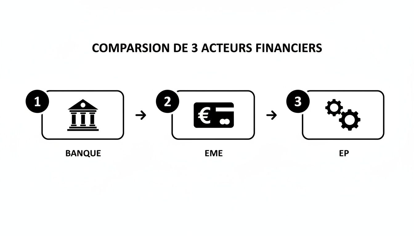 Diagramme comparatif des trois types d'acteurs financiers : Banques, Établissements de Monnaie Électronique (EME) et Établissements de Paiement (EP).