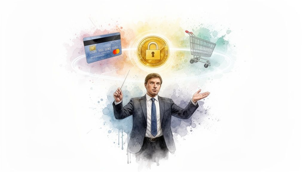 Homme en costume dirigeant une transaction sécurisée avec carte de crédit, cadenas et panier d'achat.