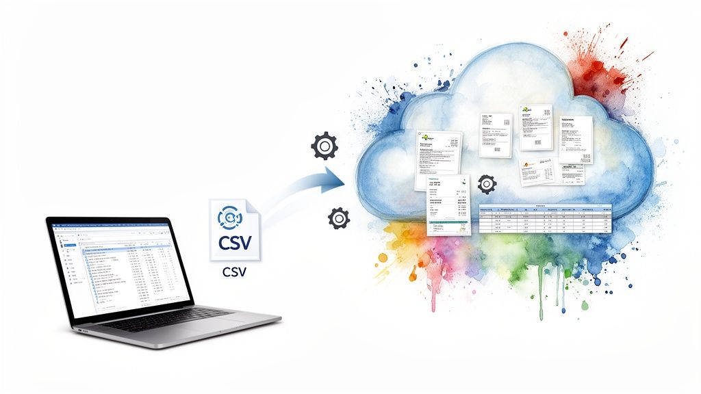 Un ordinateur portable exportant un fichier CSV vers un nuage de données contenant divers documents et tableaux.