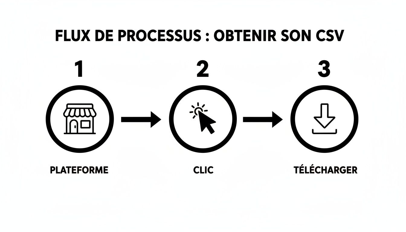 Flux de processus visuel décrivant comment obtenir son fichier CSV : de l'accès à la plateforme, au clic, jusqu'au téléchargement.