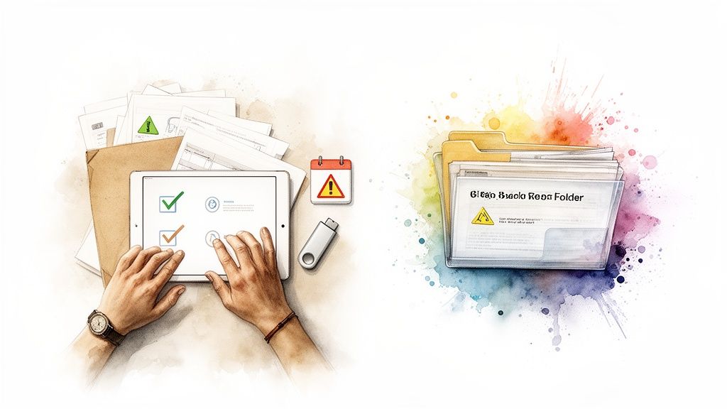 Mains interagissant avec une tablette affichant des coche, documents, calendrier et un dossier de fichiers.