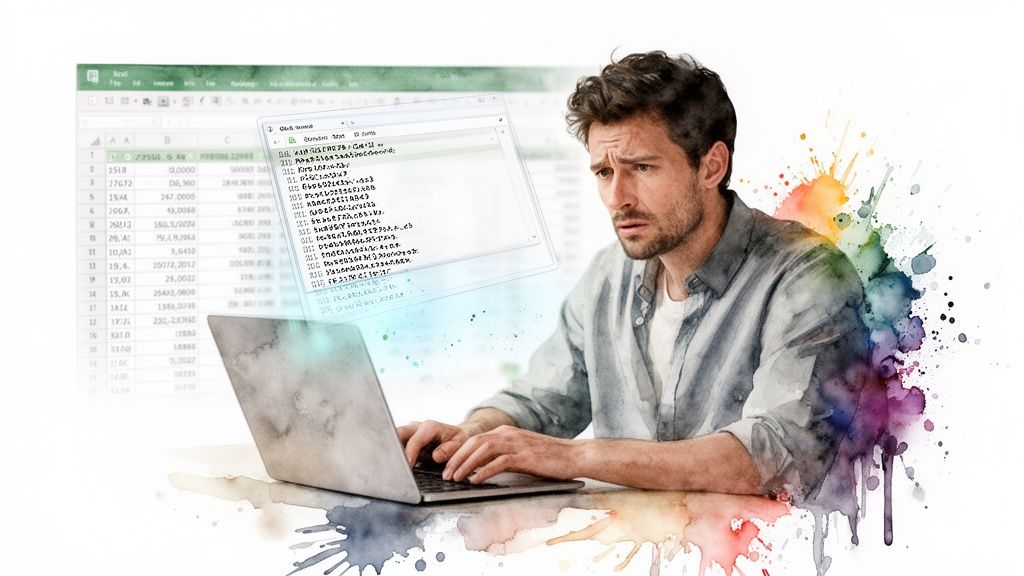 Un homme perplexe travaille sur un ordinateur portable avec un tableur Excel et du code en arrière-plan.