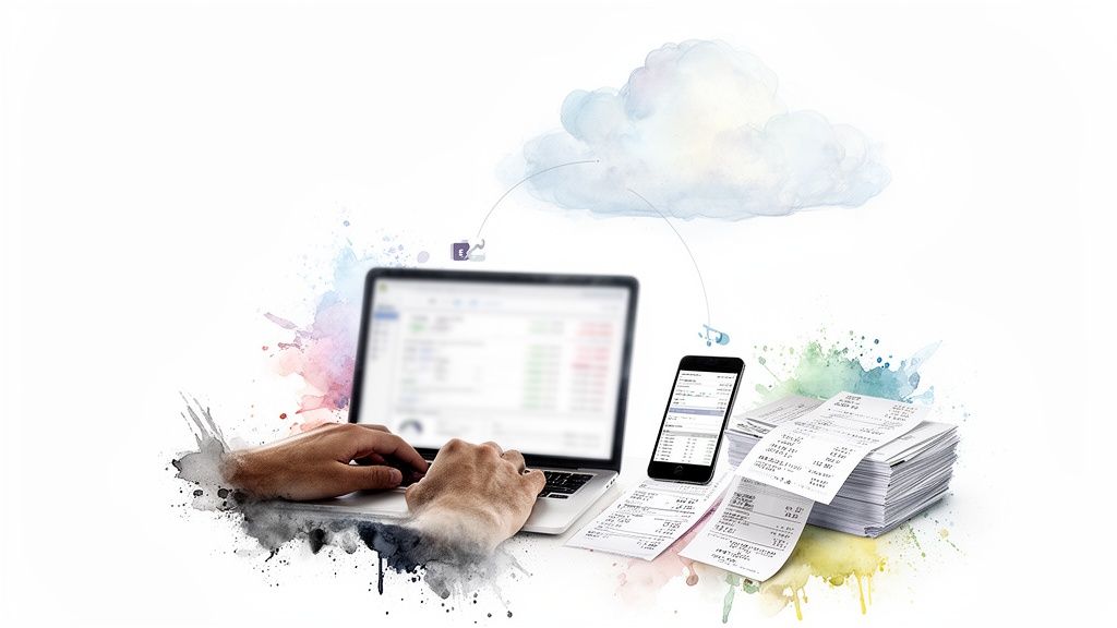 Une personne gère ses finances avec un ordinateur portable et un smartphone, synchronisés via le cloud, entourés de reçus.