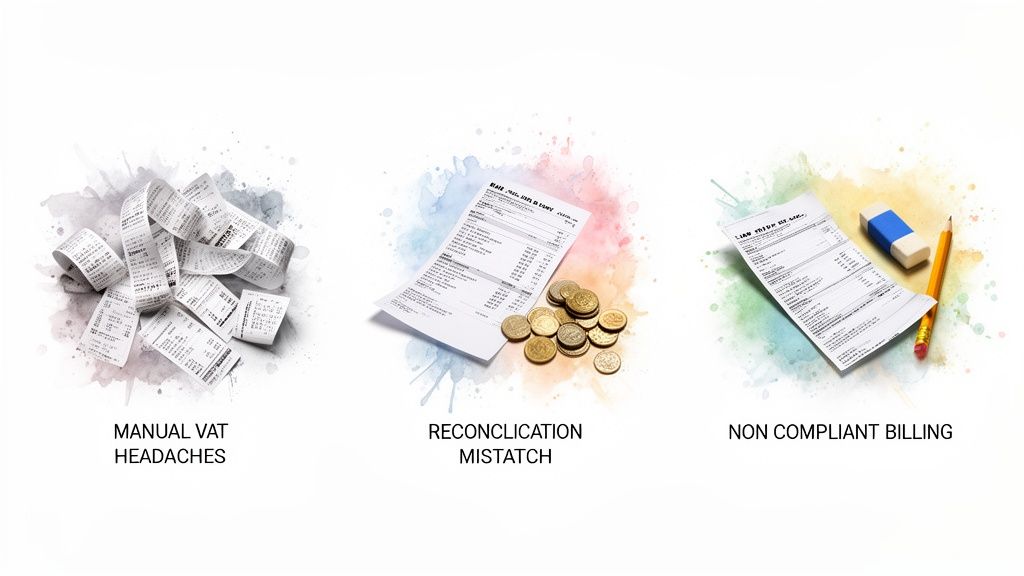 Trois illustrations de problèmes financiers : reçus, rapprochement et facturation non conforme. Ces défis sont courants en comptabilité.