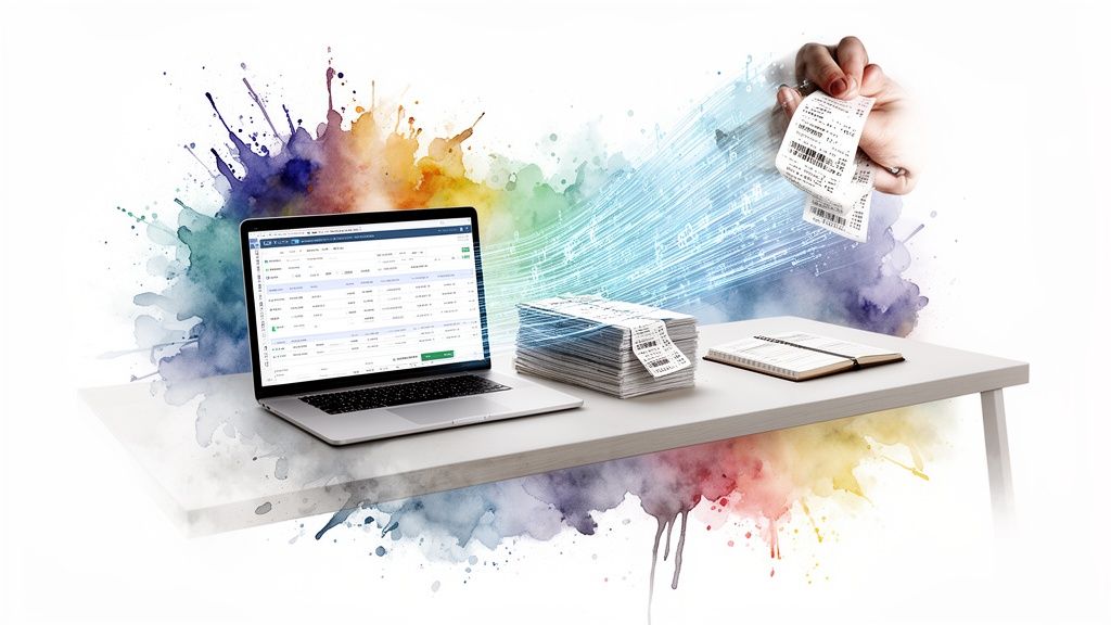 Un ordinateur portable, des reçus, un carnet et une main numérisant des documents, sur fond coloré abstrait.