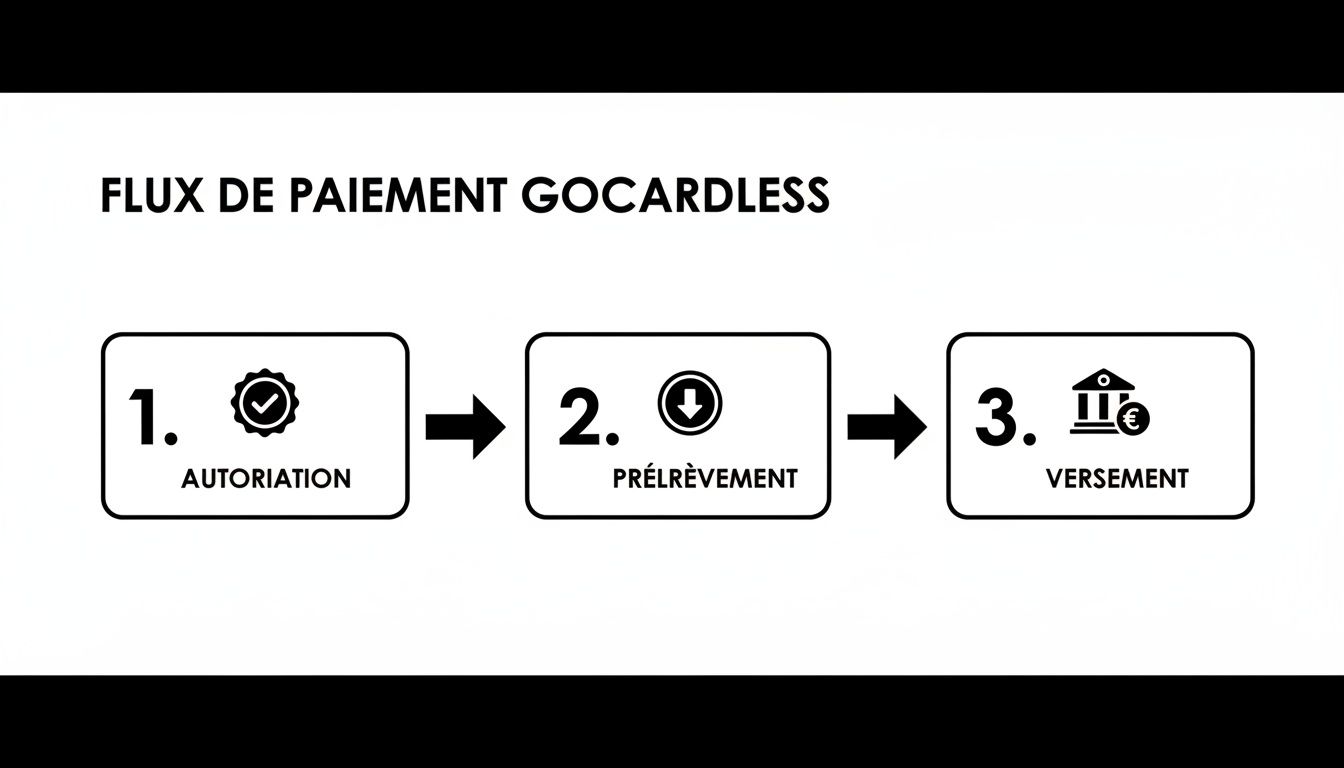 Flux de paiement GoCardless expliquant les étapes d'autorisation, de prélèvement et de versement.