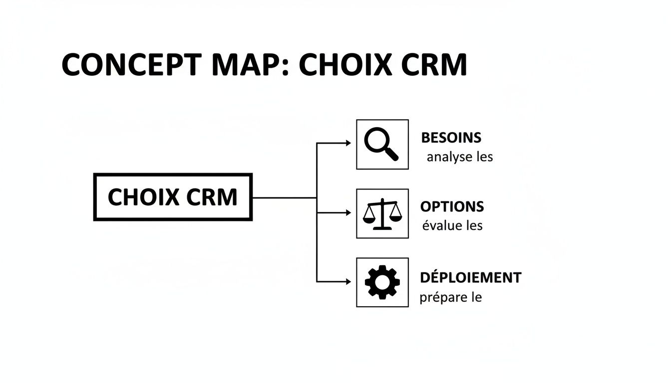 Carte conceptuelle présentant le processus de choix d'un CRM, détaillant l'analyse des besoins, l'évaluation des options et la préparation du déploiement.