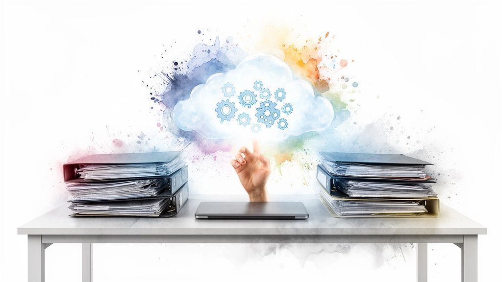 Une main interagit avec un nuage numérique d'engrenages, entre des dossiers papier et un ordinateur, représentant la transition vers le cloud.