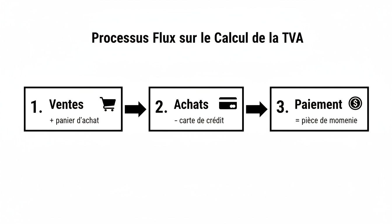 Schéma de processus expliquant le calcul de la TVA, illustrant les étapes de ventes, achats et paiement.