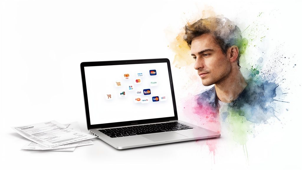 Un homme en aquarelle regarde un ordinateur portable affichant des icônes de paiement, avec des documents à côté.